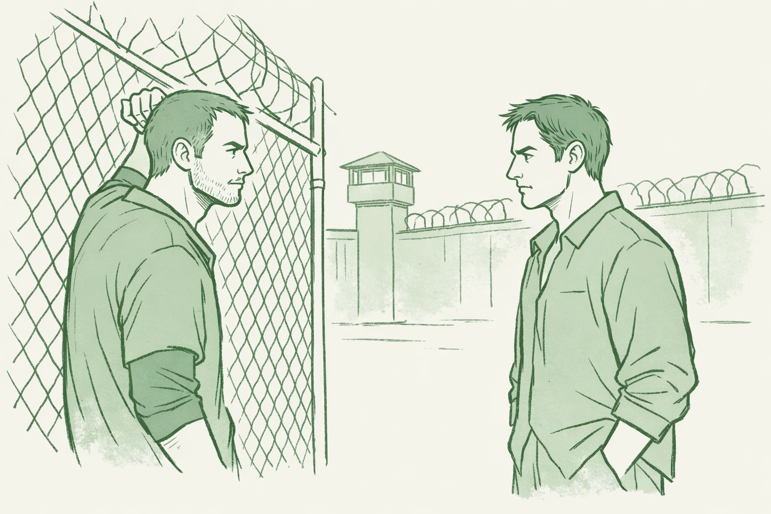 Two gay inmates sharing intense eye contact across prison yard in MM romance illustration