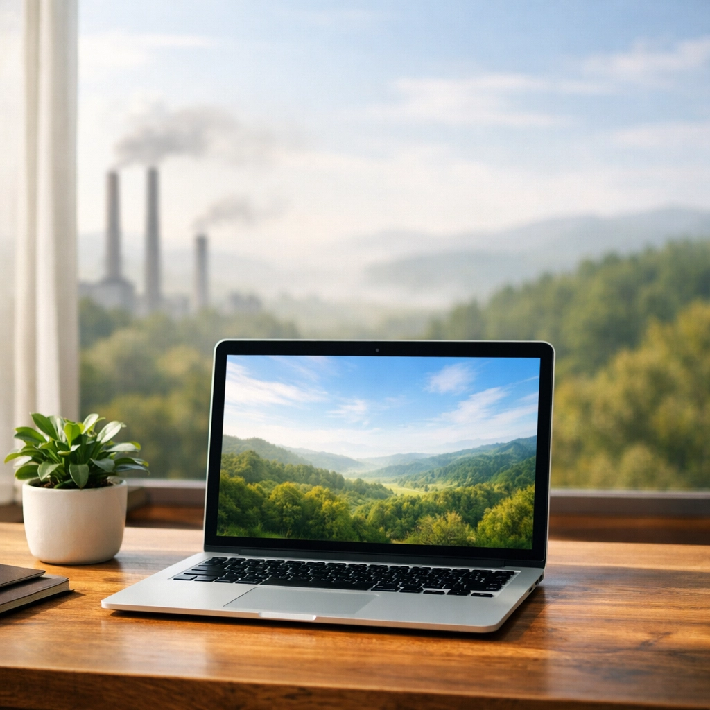 Refurbished laptop on desk demonstrating environmental benefits and reduced carbon footprint