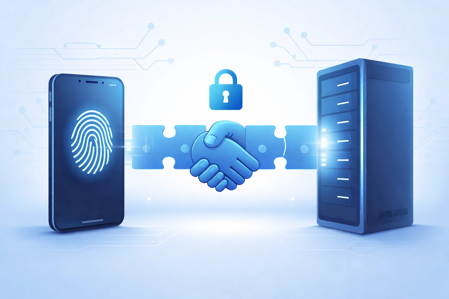 Illustration of secure digital handshake between smartphone and server, representing passwordless passkey security in Sarasota County.