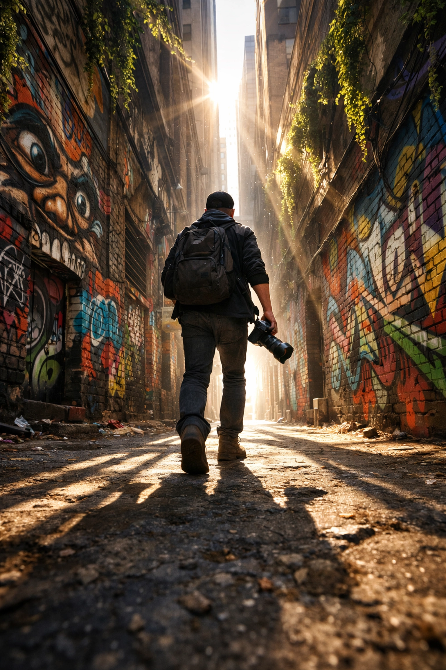 A photographer scouting hidden photo spots in an urban alleyway filled with street art and morning light.