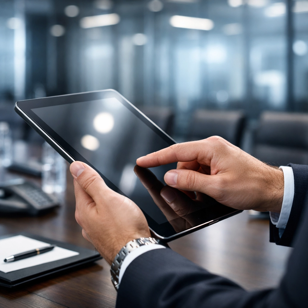 Close-up of a business professional reviewing a ServiceNow ROI audit on a tablet in a corporate boardroom.