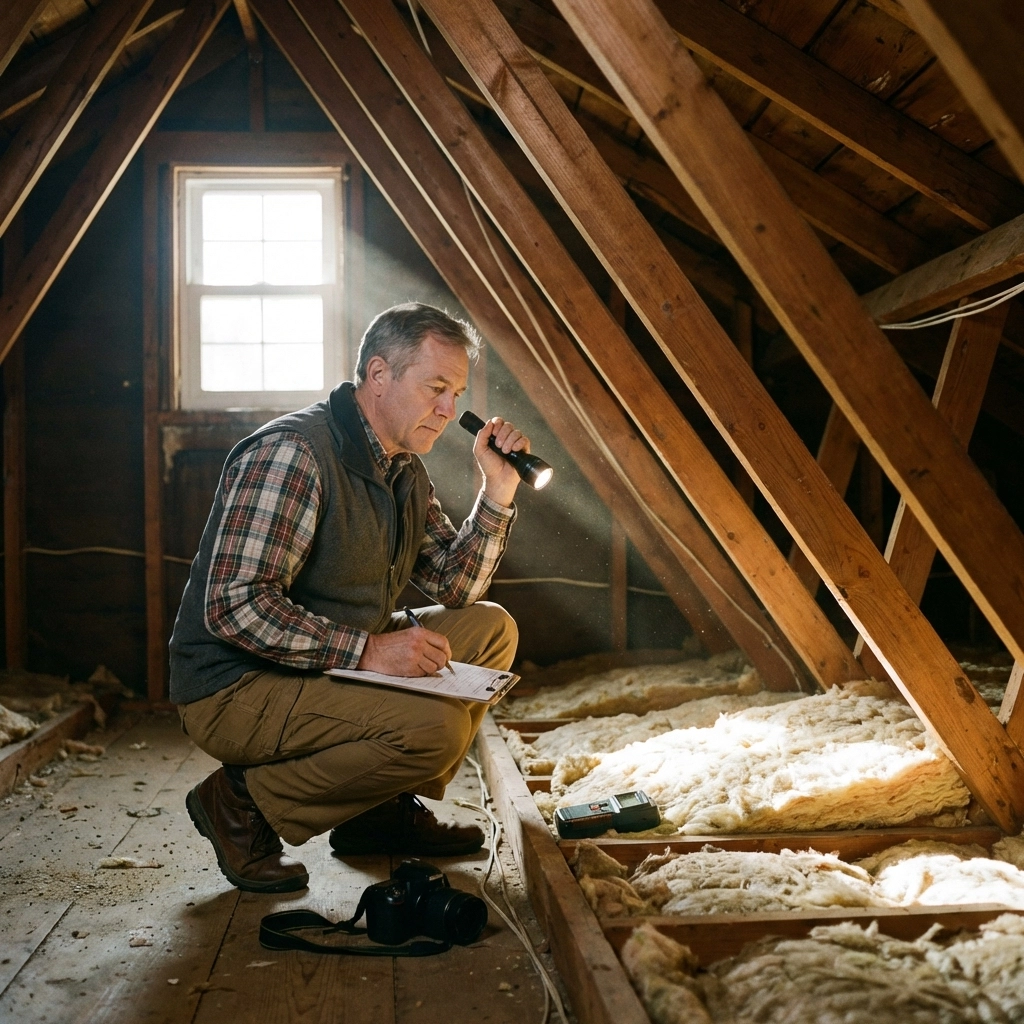 Home inspector examining attic highlights the importance of pre-listing inspections in Columbia home sales