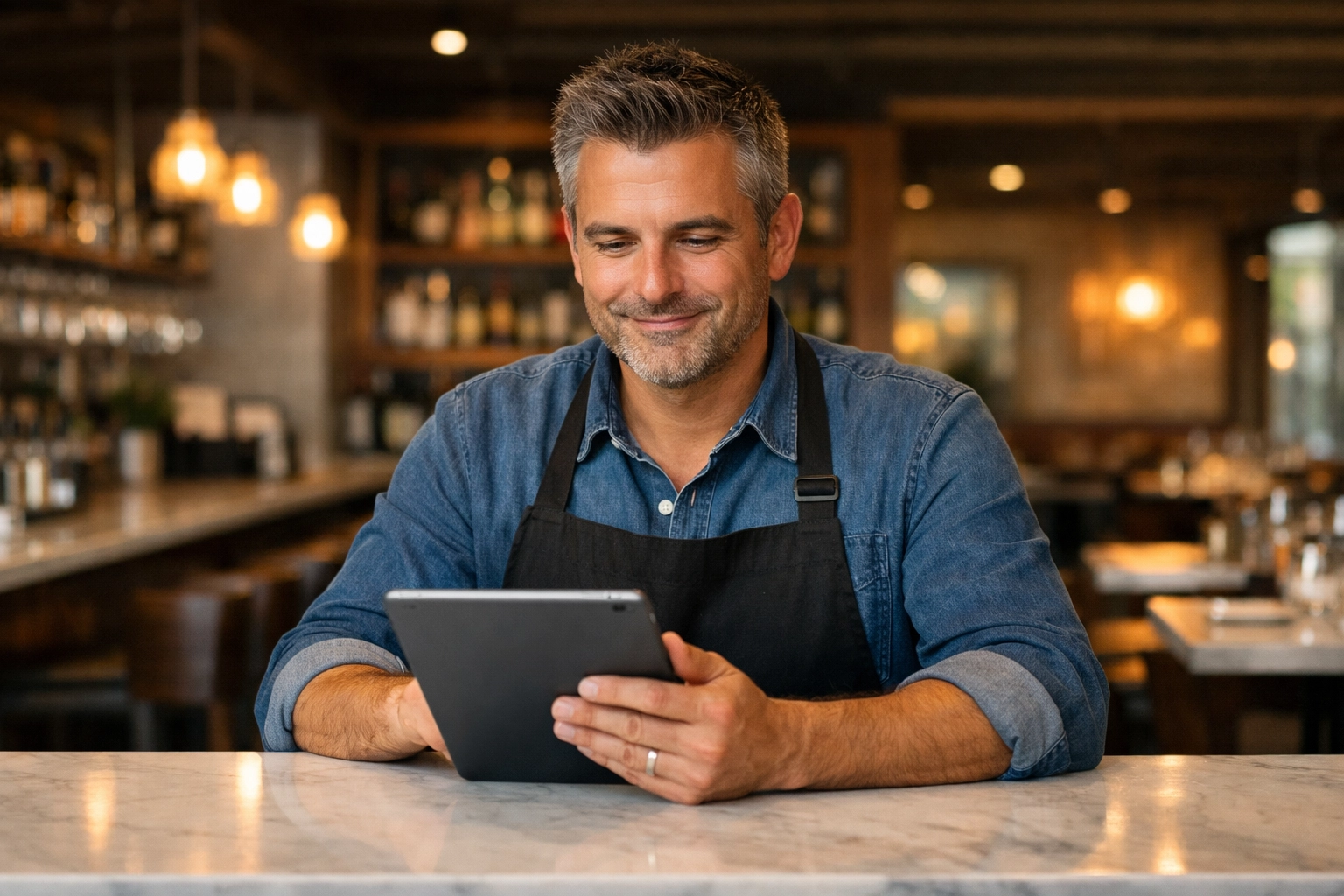 Smiling restaurant owner reviewing business finances and equipment financing on a tablet.