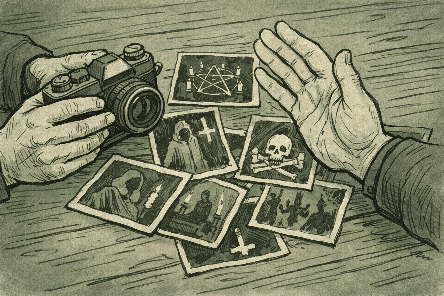 Photographer's hands with camera and ritualistic photos - MM thriller mystery imagery