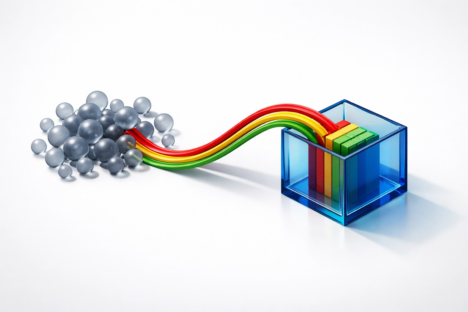 Geometric shapes representing messy notes being organized into a structured digital snippet library.