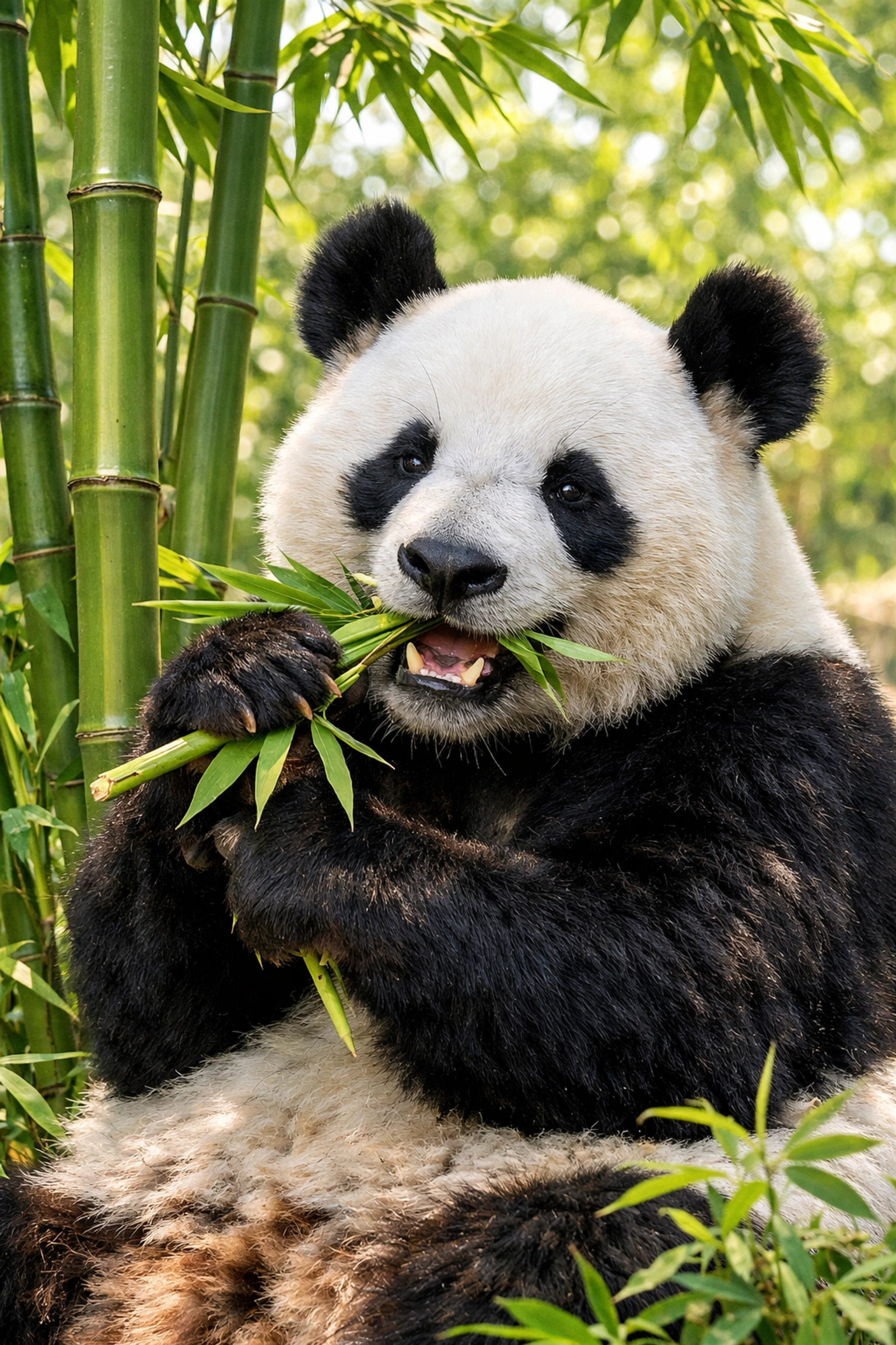 A giant panda eating bamboo in a natural habitat, used for conservation and ESG-aligned media.