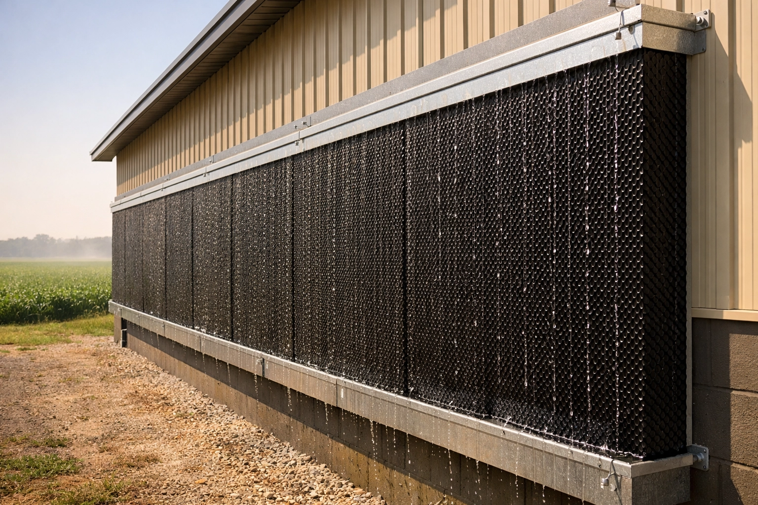 Panneaux coolcells de refroidissement évaporatif sur la paroi extérieure d'un bâtiment agricole moderne.