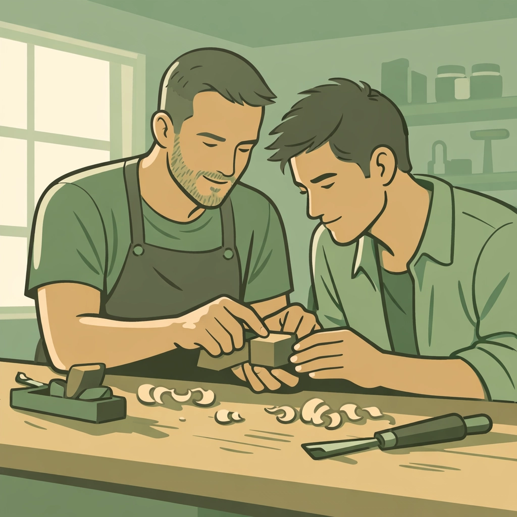 Gay men crafting together in workshop - MM fiction showcasing masculine tenderness and skill