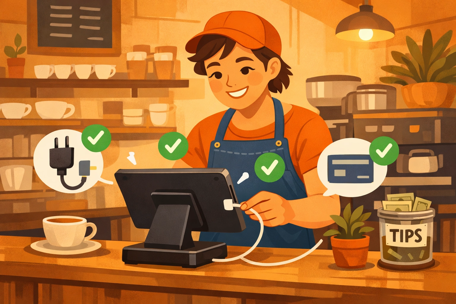 Small business owner easily setting up crypto POS system at retail counter