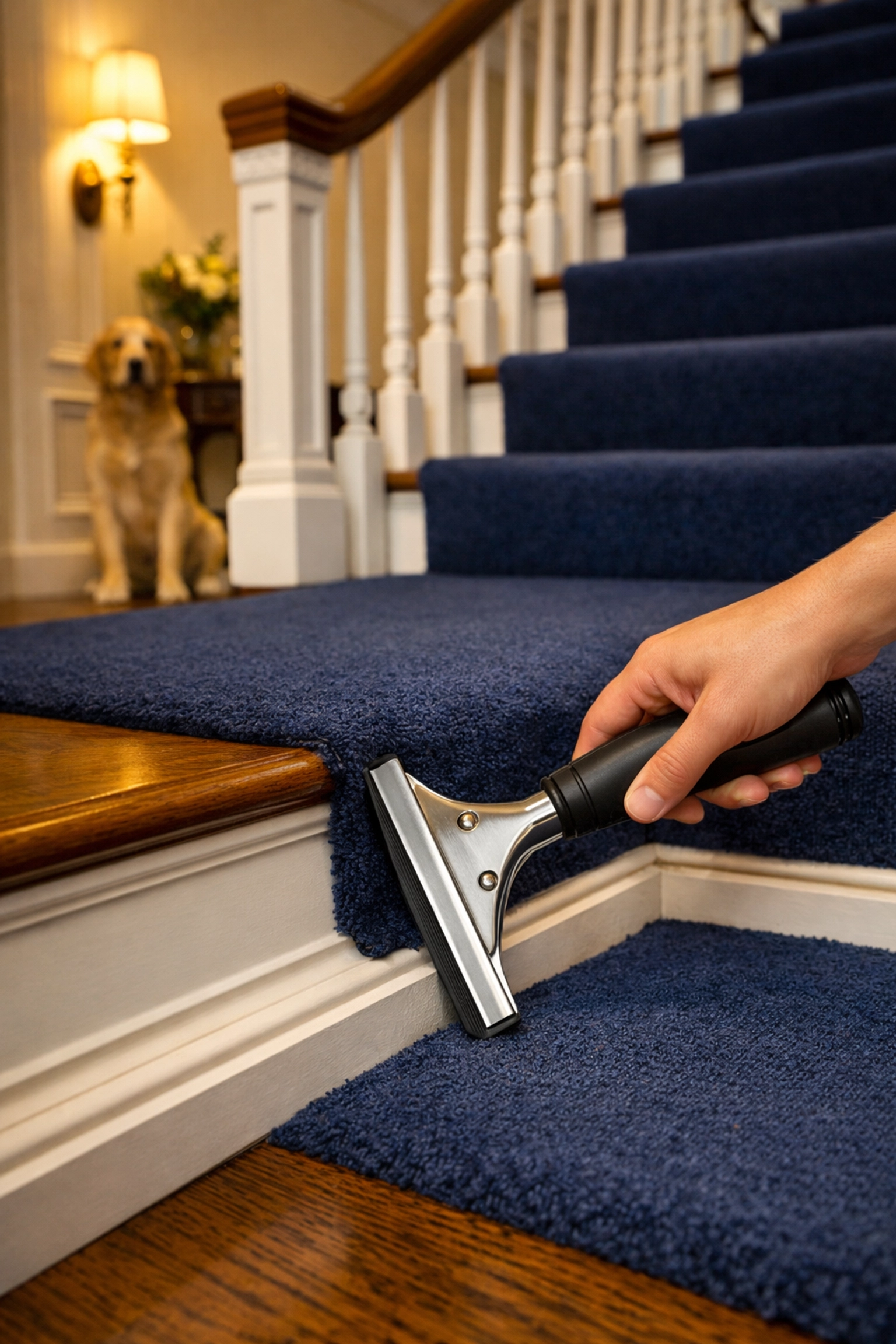 A handheld squeegee cleaning pet hair from the corner of a navy blue carpeted staircase runner.