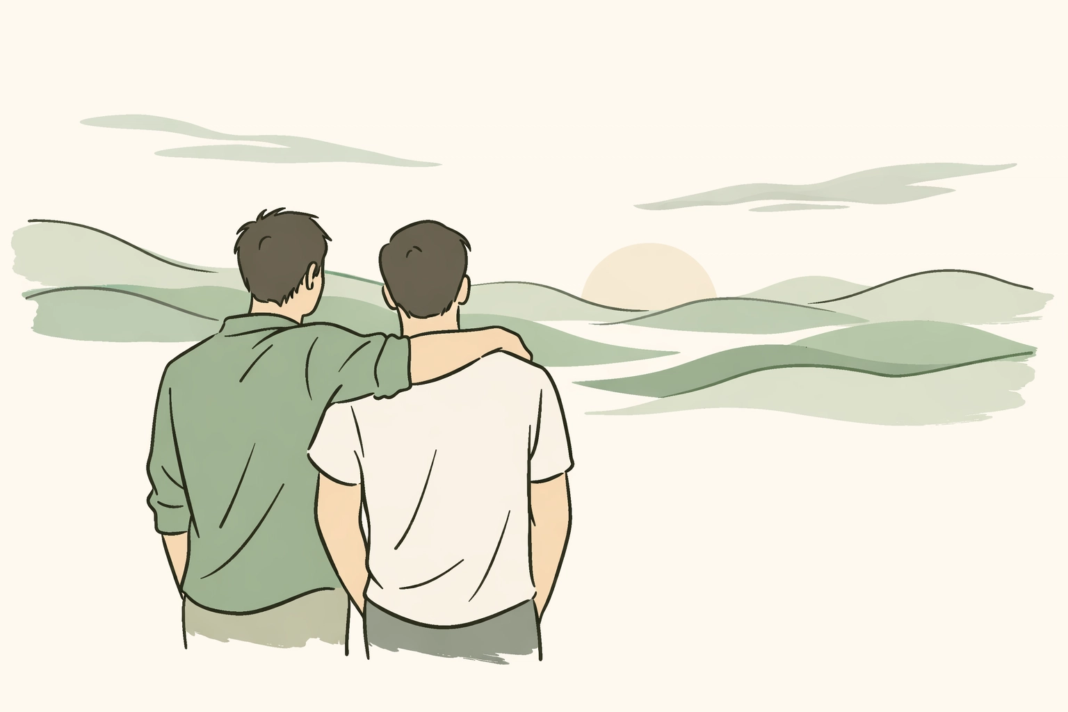 Minimalist illustration of two men finding resilience and freedom beyond the binary gaze.
