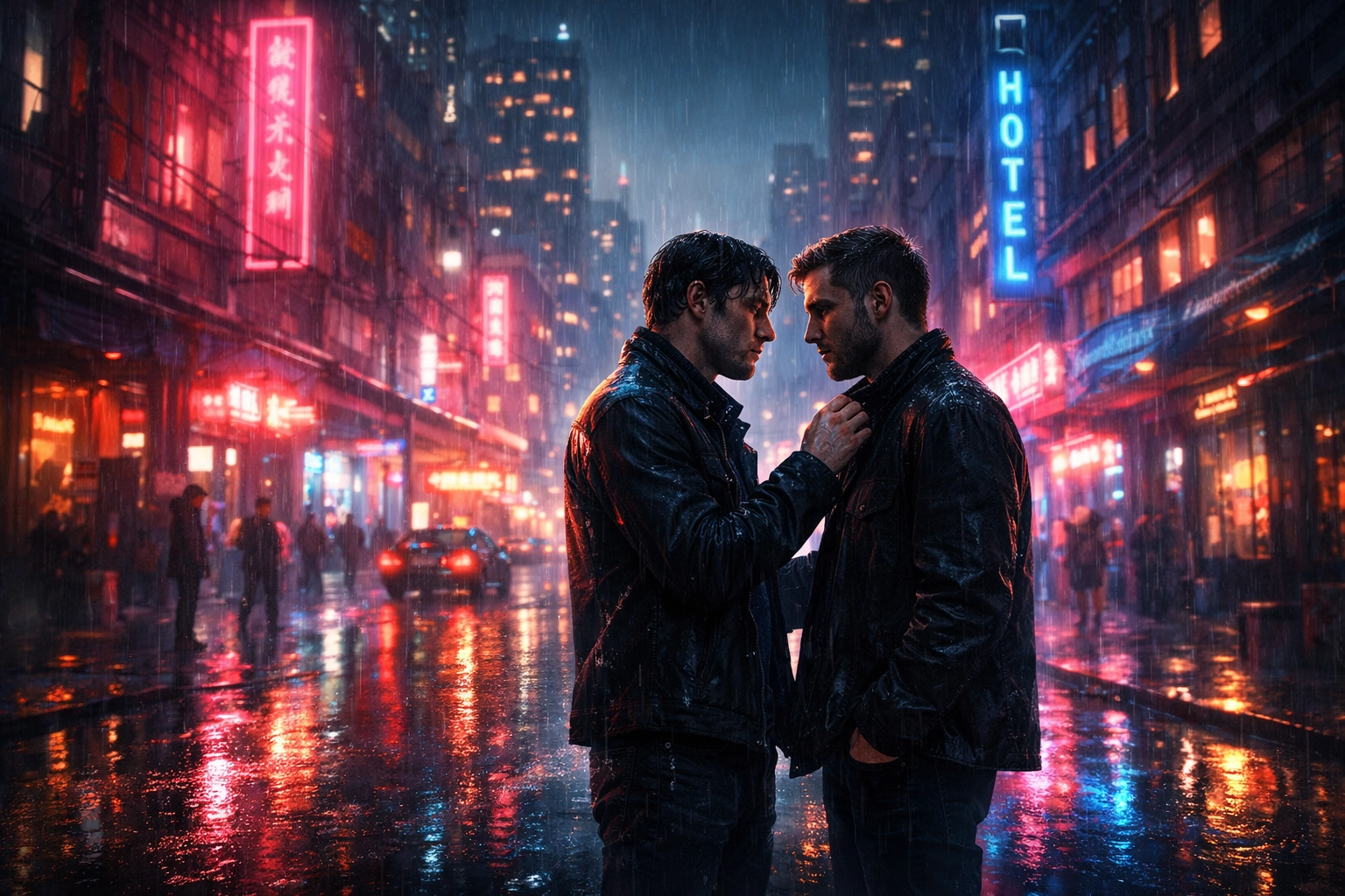 Two men in a neon city rain, illustrating the intense pining found in gay thriller and MM mystery stories.