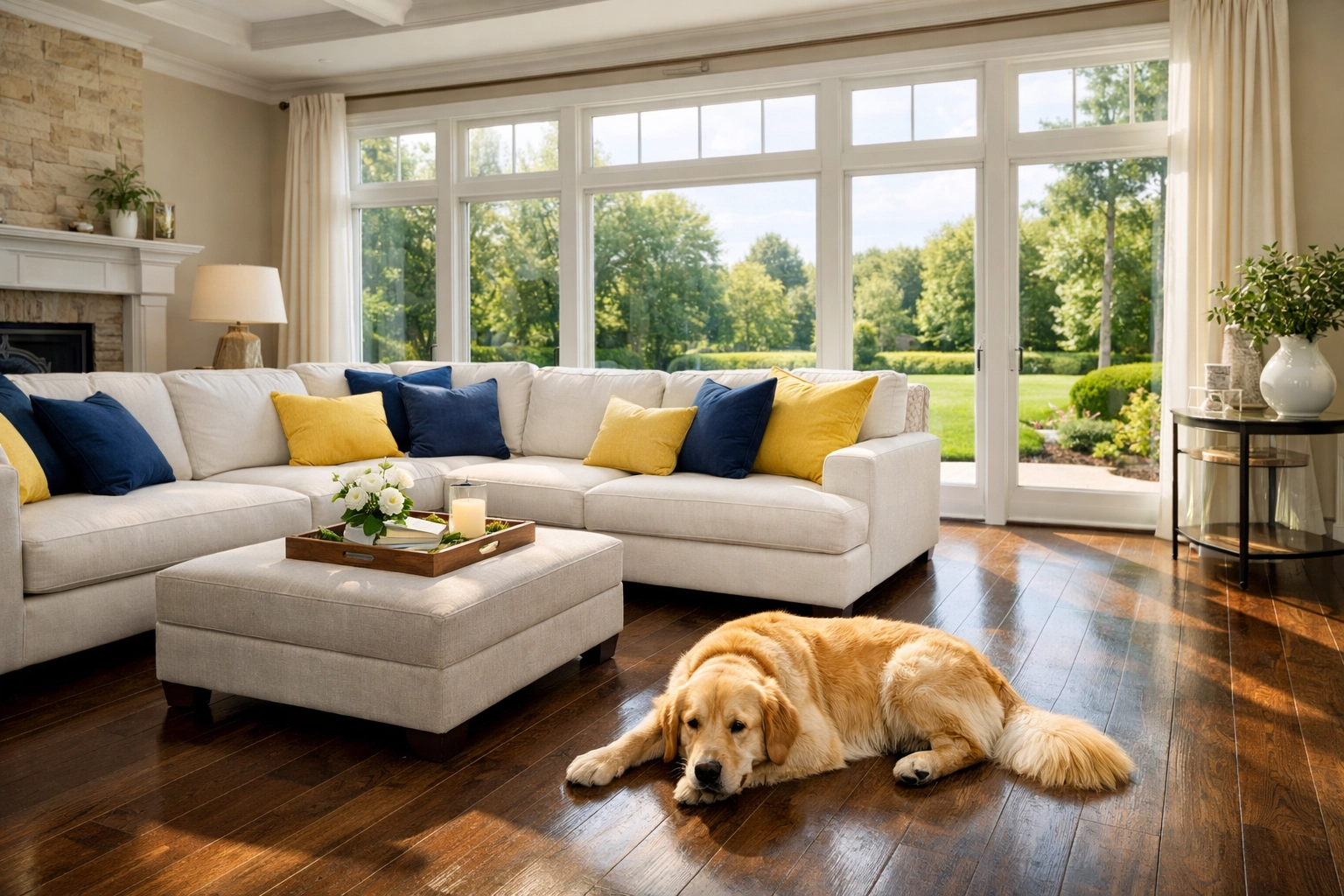 Pristine living room after professional house cleaning in Westford, perfect for pet-friendly households.