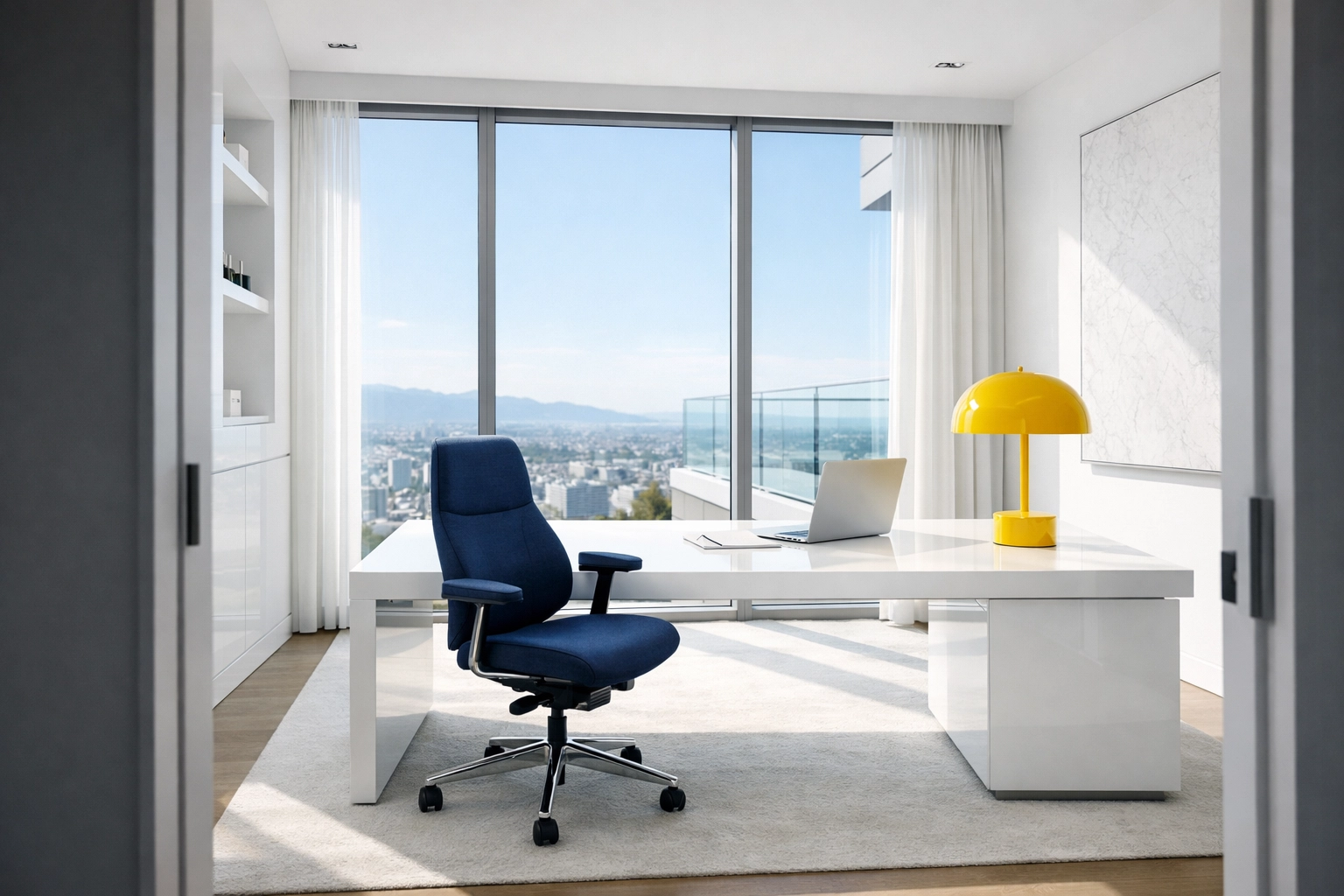 Clean home office with sunlight and fresh air, optimized for mental focus through regular weekly house cleaning.
