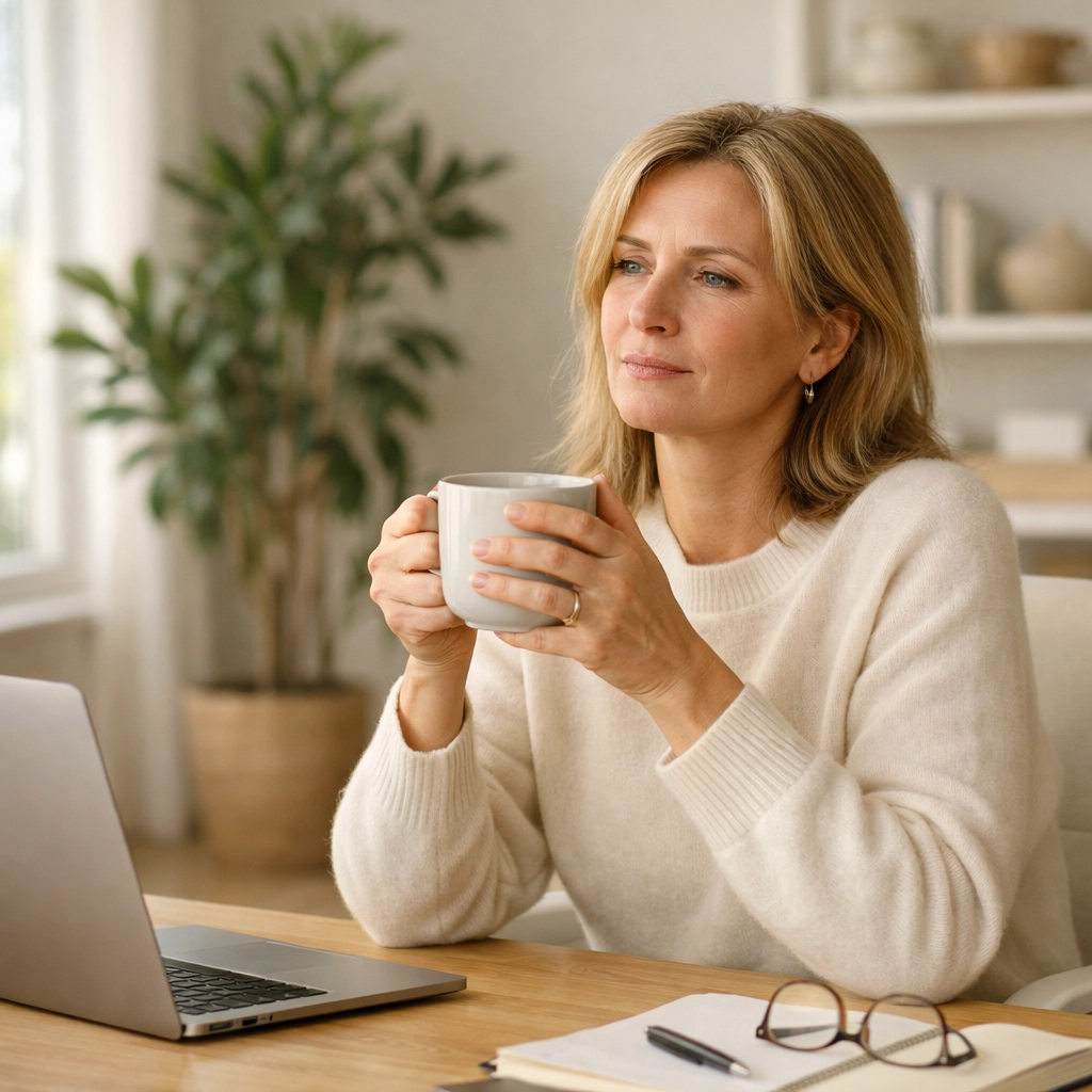 Tired professional woman at her desk reflecting on menopause and career performance challenges in midlife. Tired professional woman at her desk reflecting on menopause and career performance challenges in midlife.
