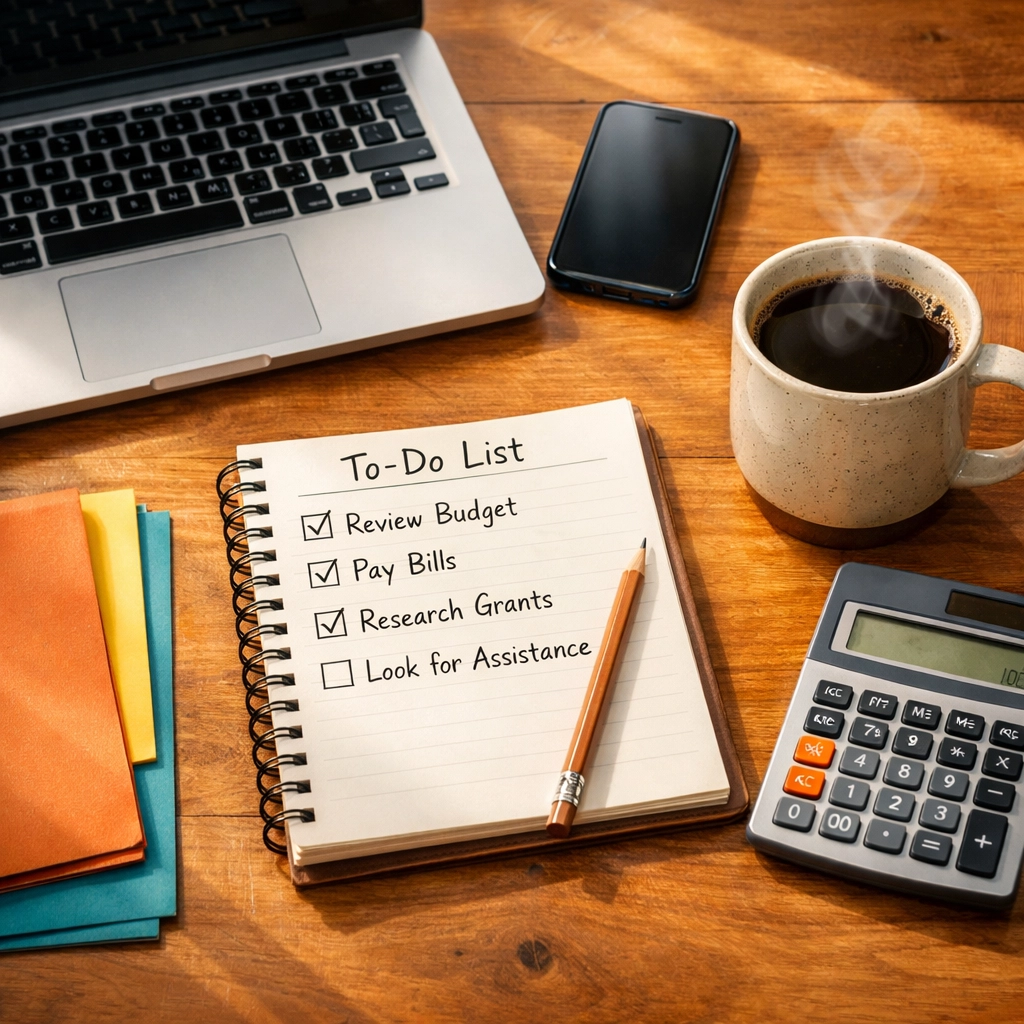 Family organizing finances and researching NJ emergency financial assistance programs on a laptop.