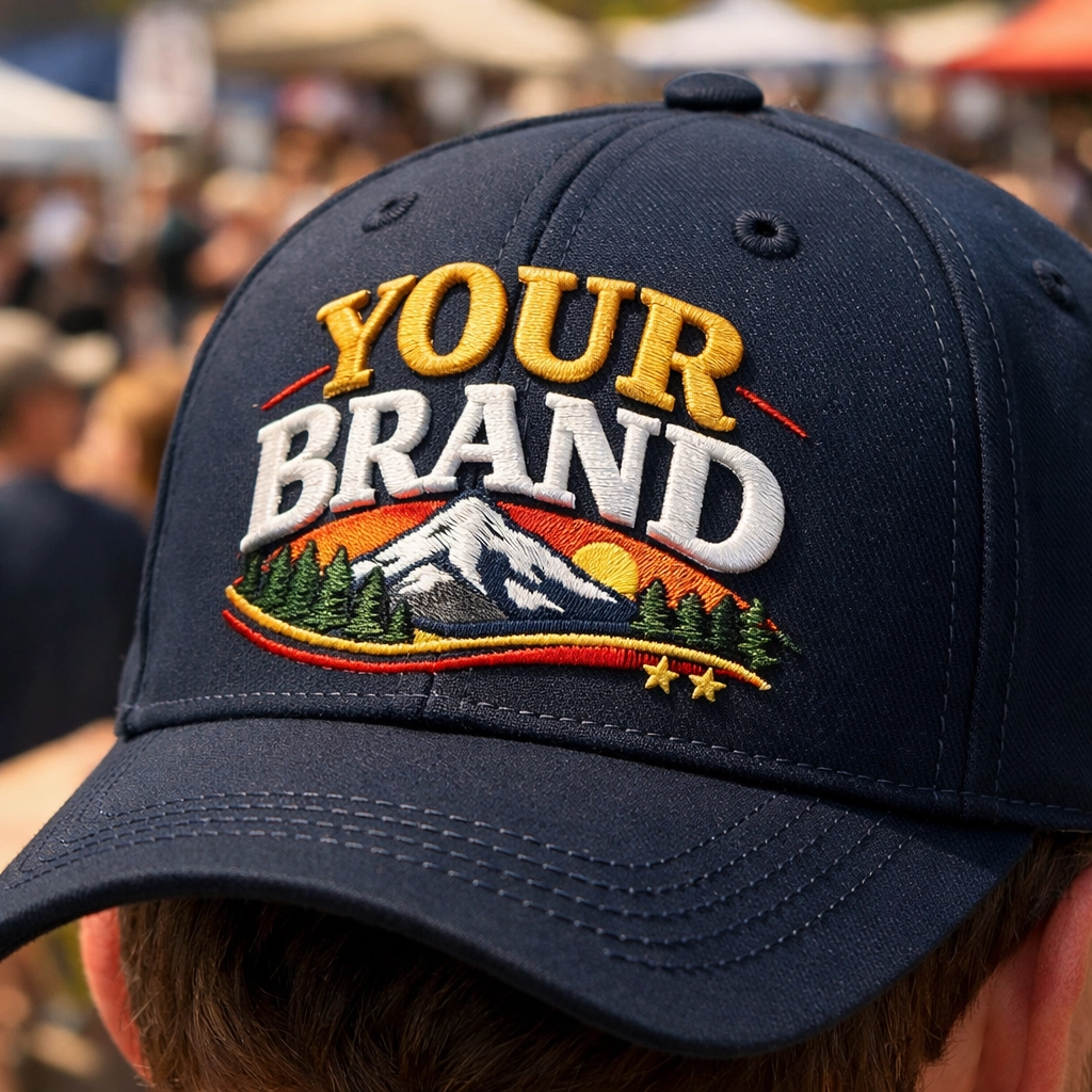 Custom embroidered cap being worn at outdoor event showcasing premium quality and craftsmanship