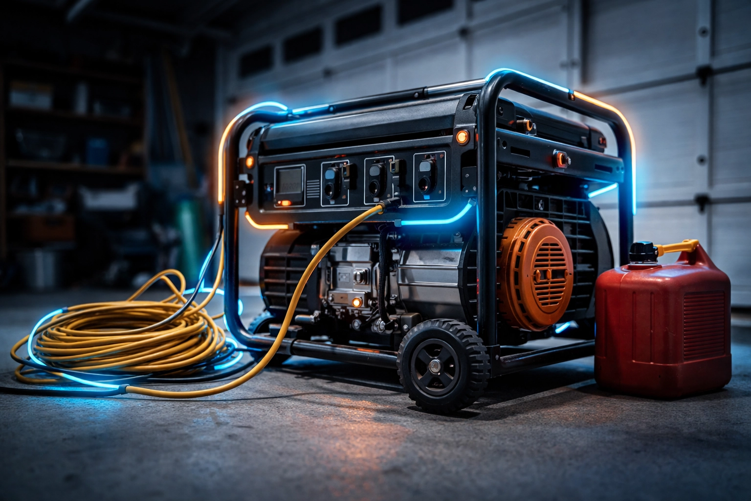 Portable generator with extension cords and gas can in a garage, showing temporary backup power setup.