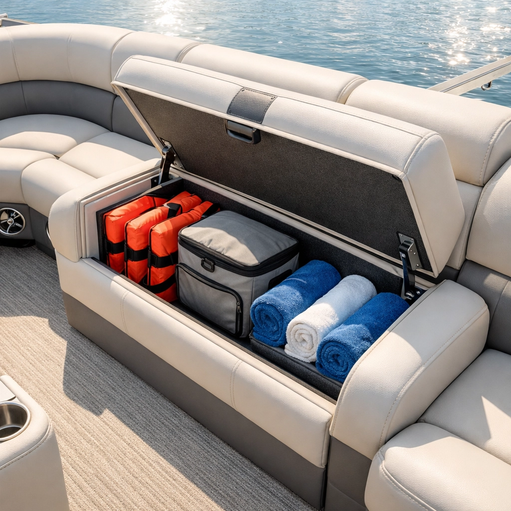 Clever storage solutions and accessories inside a new 2026 pontoon boat interior.