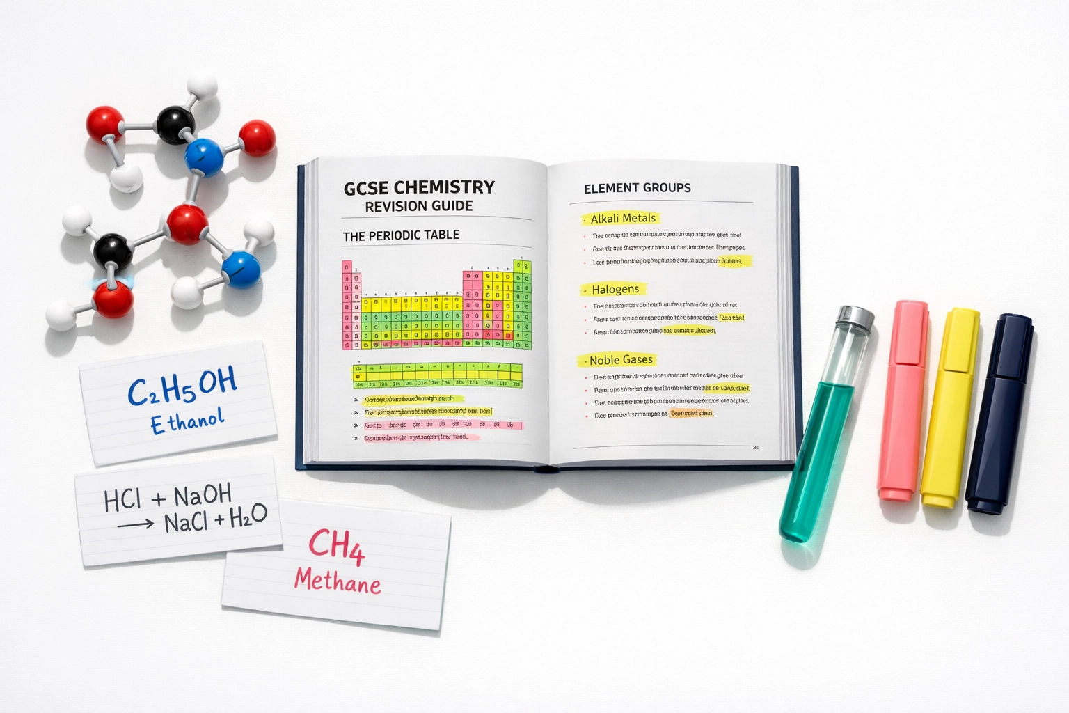 GCSE Chemistry revision materials with periodic table, molecular models and colourful highlighters