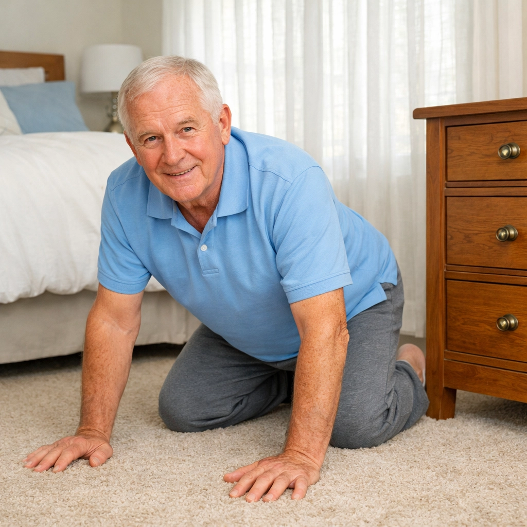 Senior man in hands and knees position during fall recovery on bedroom floor