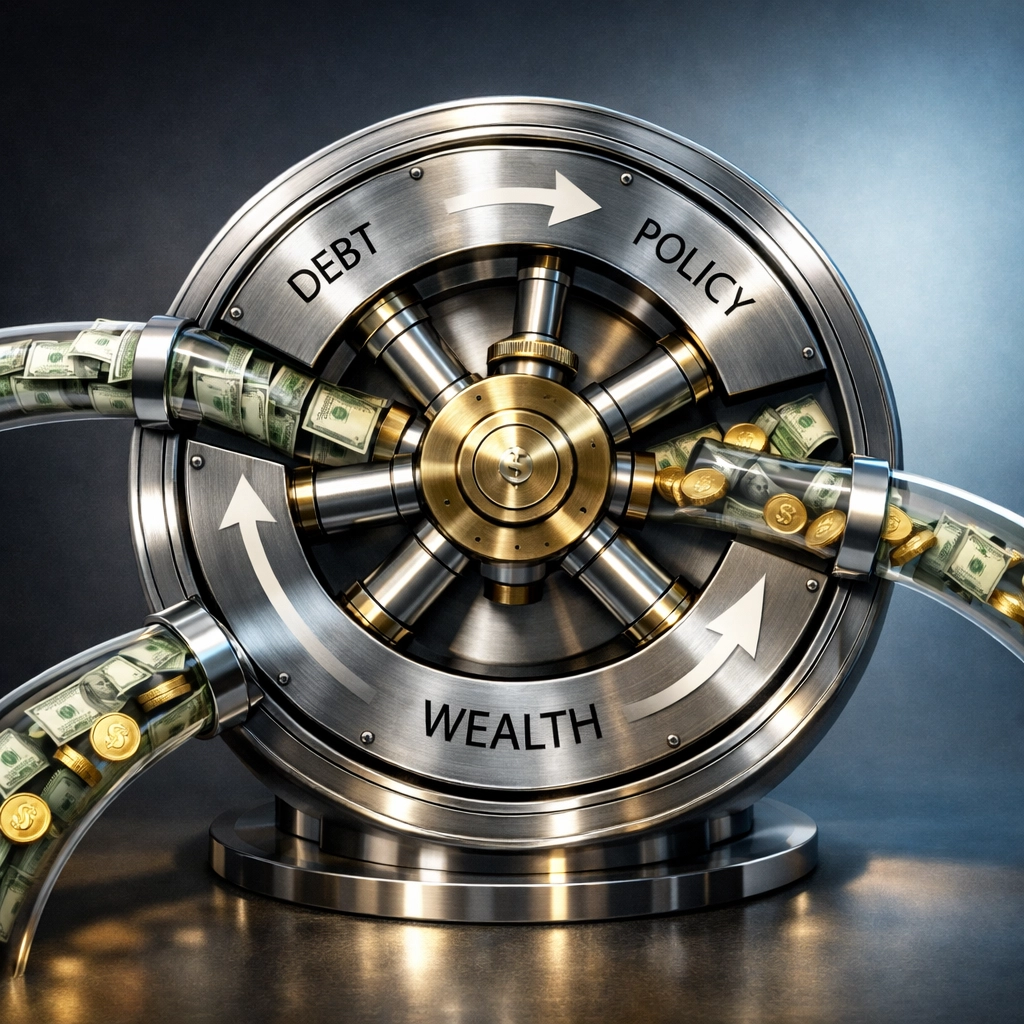 Financial flywheel showing money cycling through debt payoff and wealth building system