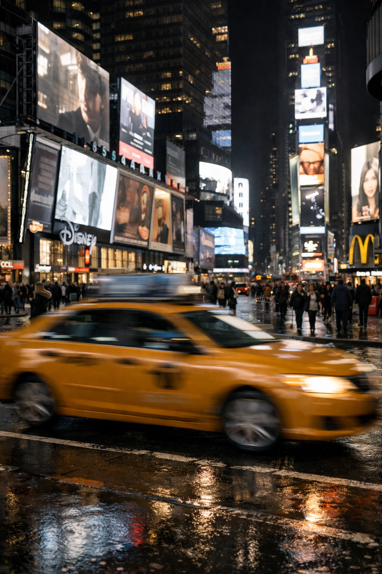 Motion blur of a yellow taxi in Times Square using long exposure photography techniques.