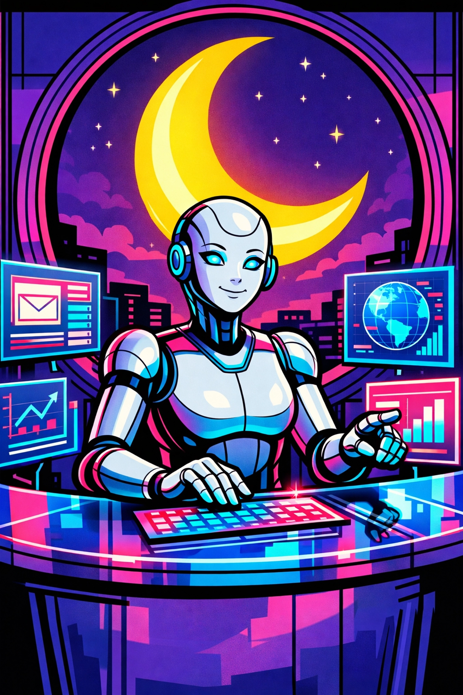 A calm AI virtual assistant for business managing digital workflows effortlessly at night to scale company operations.