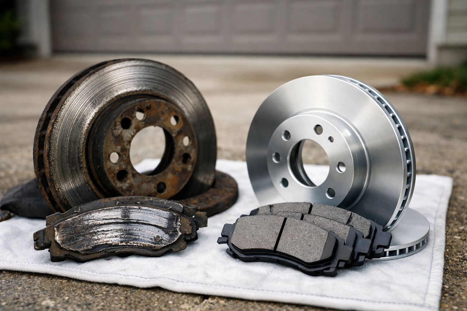 Comparison of worn brake pads and new brake parts showing damage and replacement needs