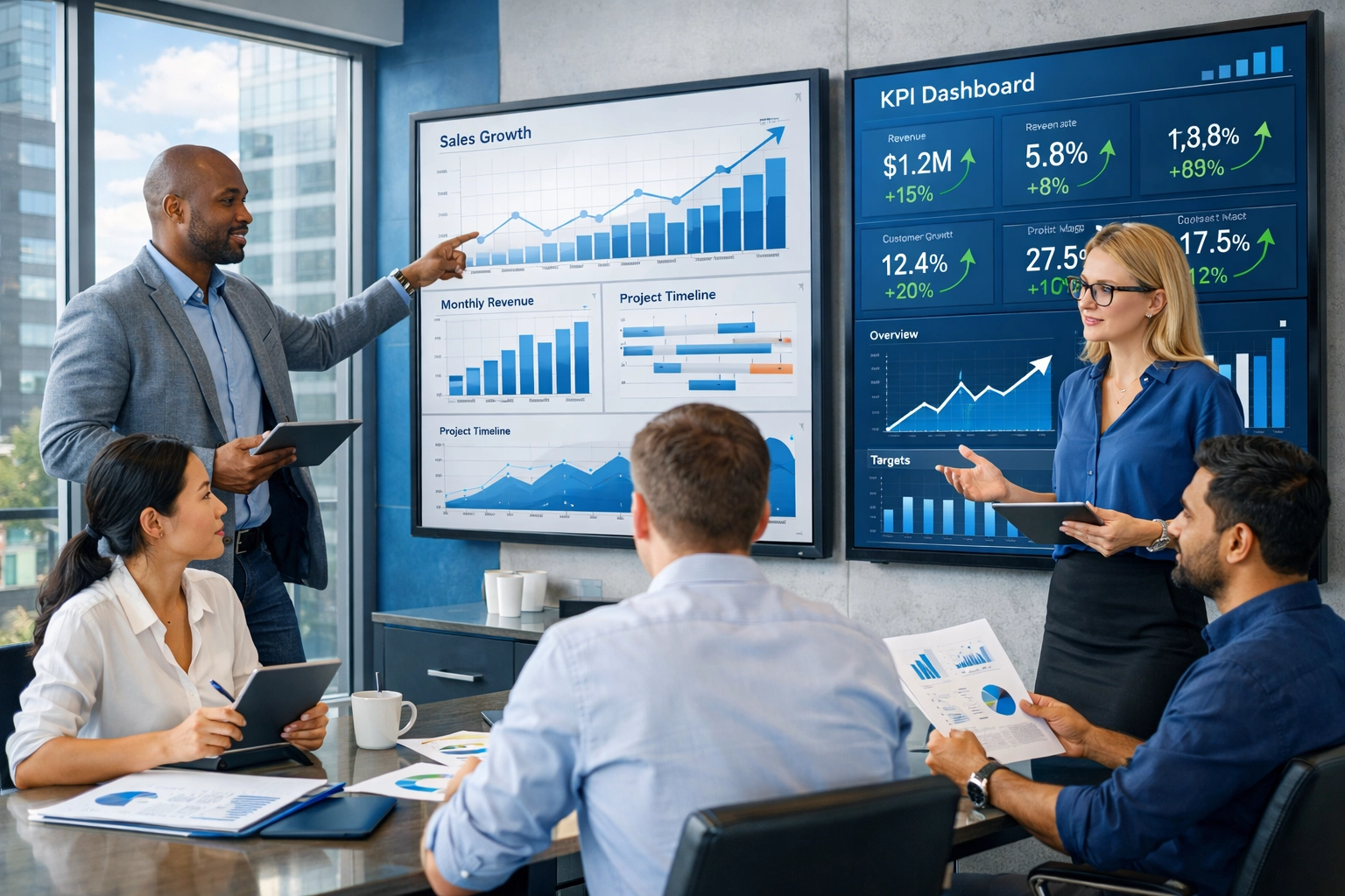 Business consulting team analyzing performance metrics and project management KPIs