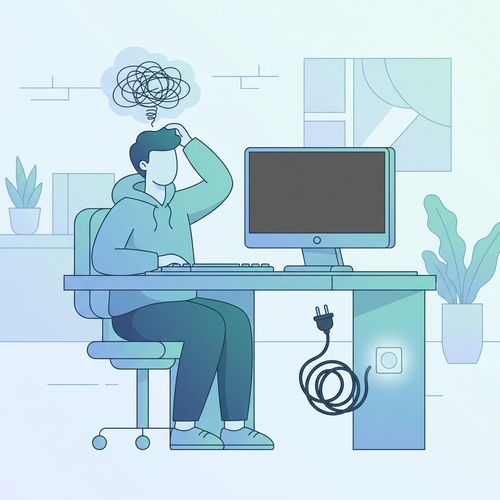 Frustrated person at desk with computer that won't turn on, highlighting Florida PC power issues
