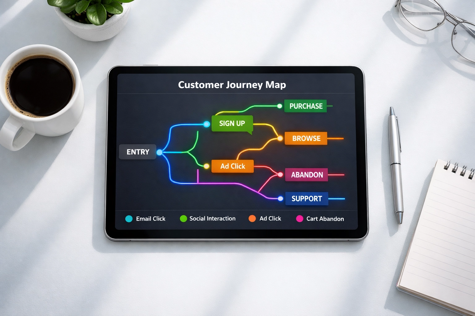 Customer journey map showing multiple behavior-triggered automation paths and conversion funnels