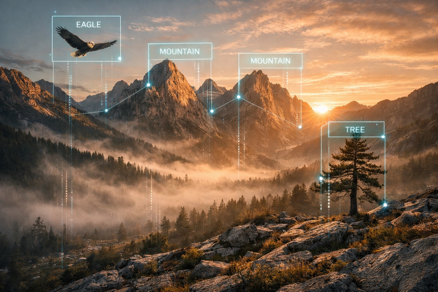 AI photo editing software identifying mountain peaks and nature elements in a landscape photo.