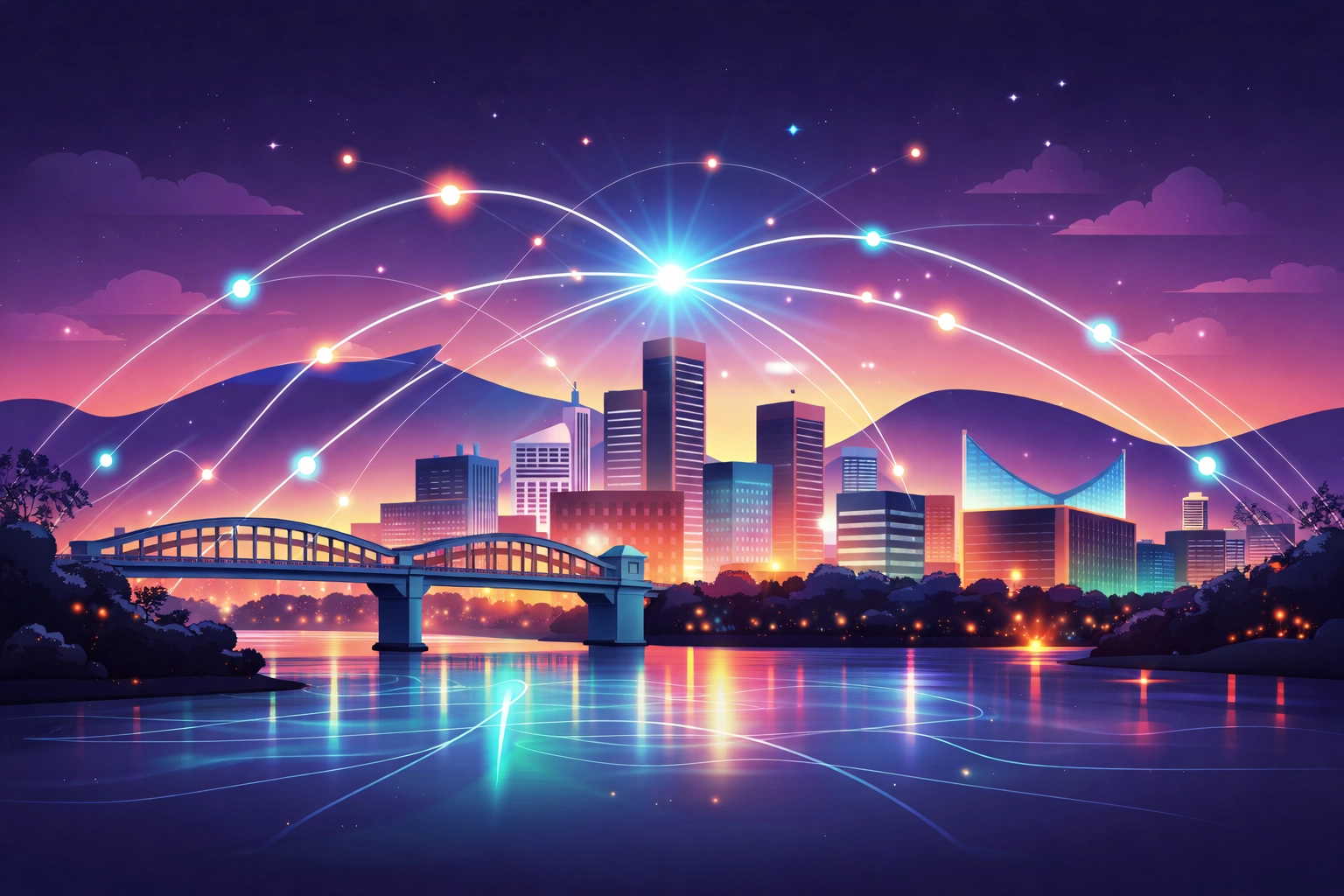 Chattanooga skyline with network lines represents the city's advanced infrastructure for AI-driven digital marketing.