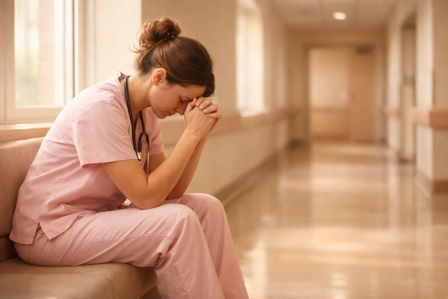 Oncology nurse in quiet reflection before patient care in hospital hallway