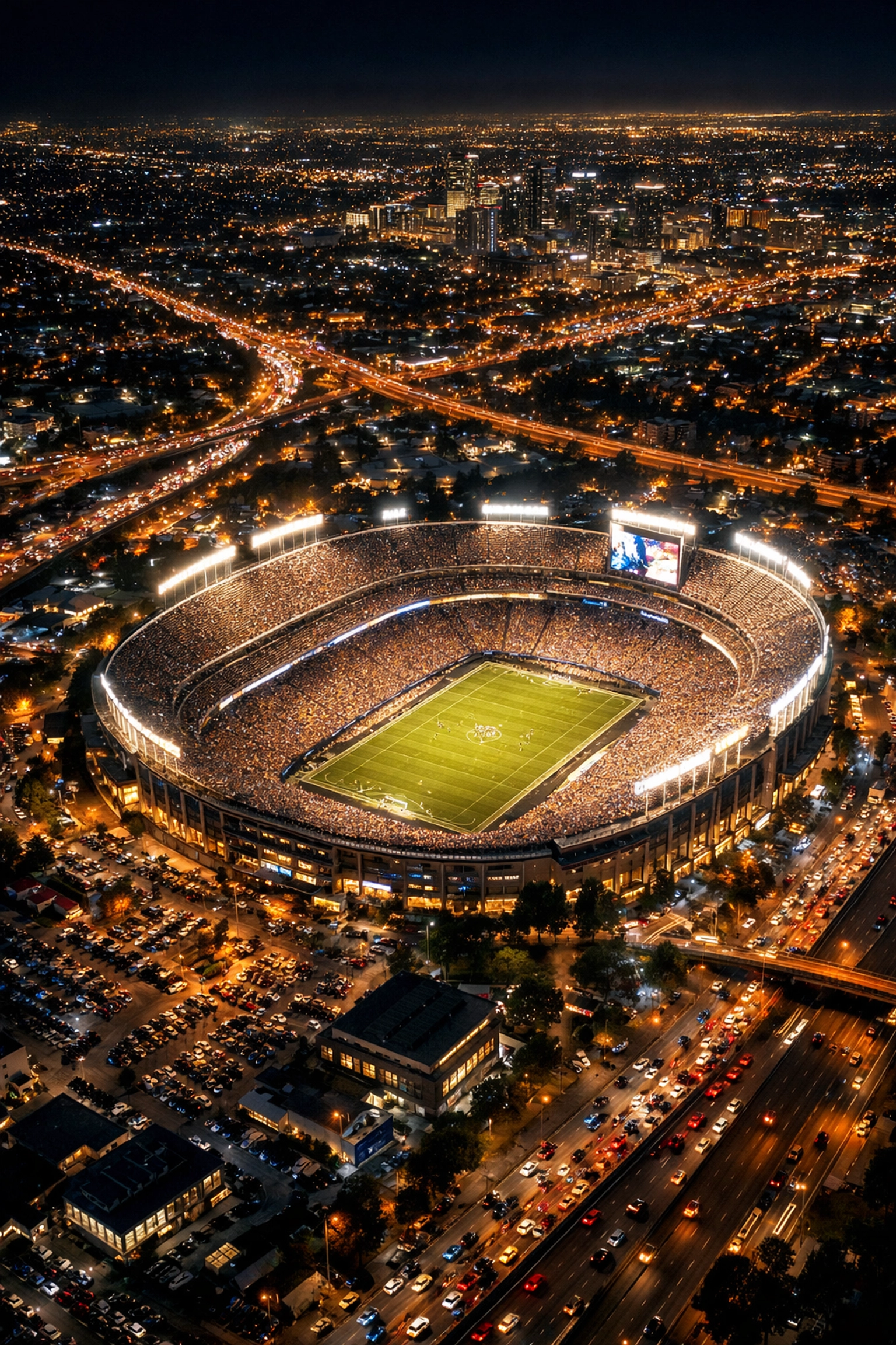 Aerial night view of a lit sports stadium showing the global scale and reach of the OOH sports marketing network.