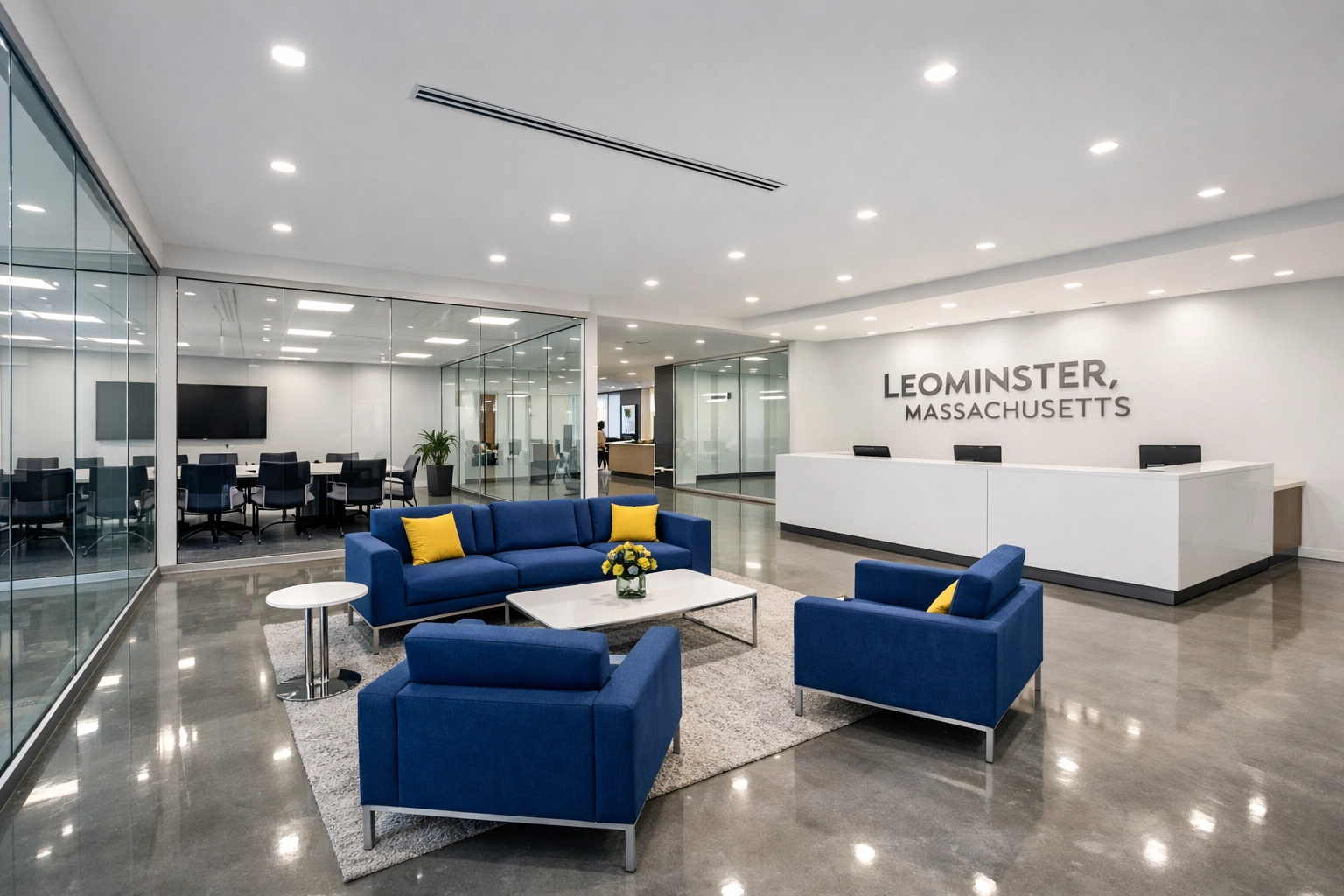 Clean modern office lobby in Leominster showing the results of professional commercial cleaning services.