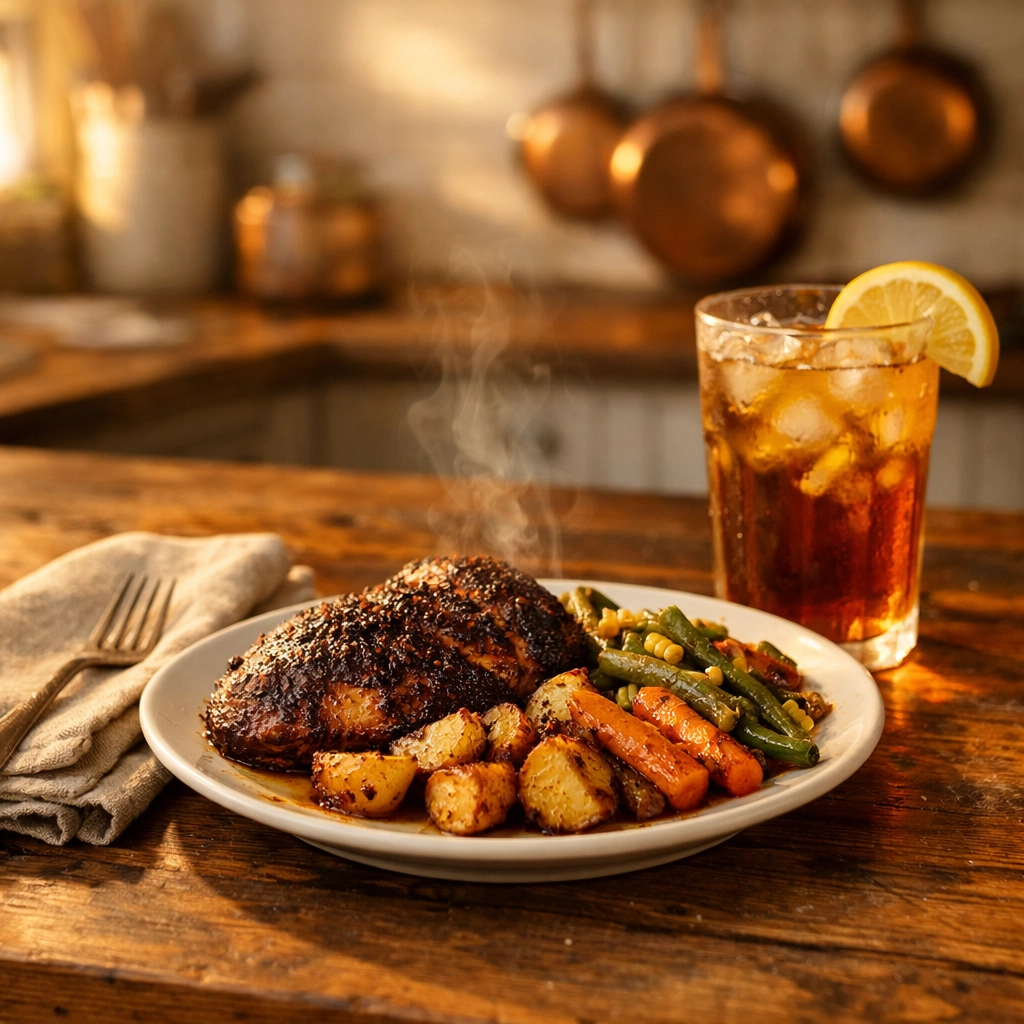 Enjoy a steaming Southern-style meal on a rustic table, prepared by a professional personal chef service.