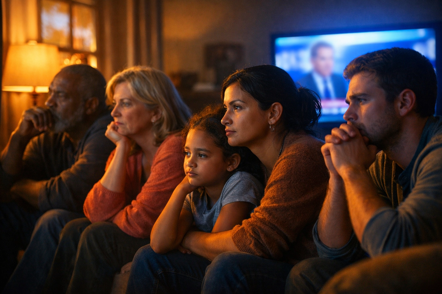 Family watching evening news together in living room with thoughtful expressions