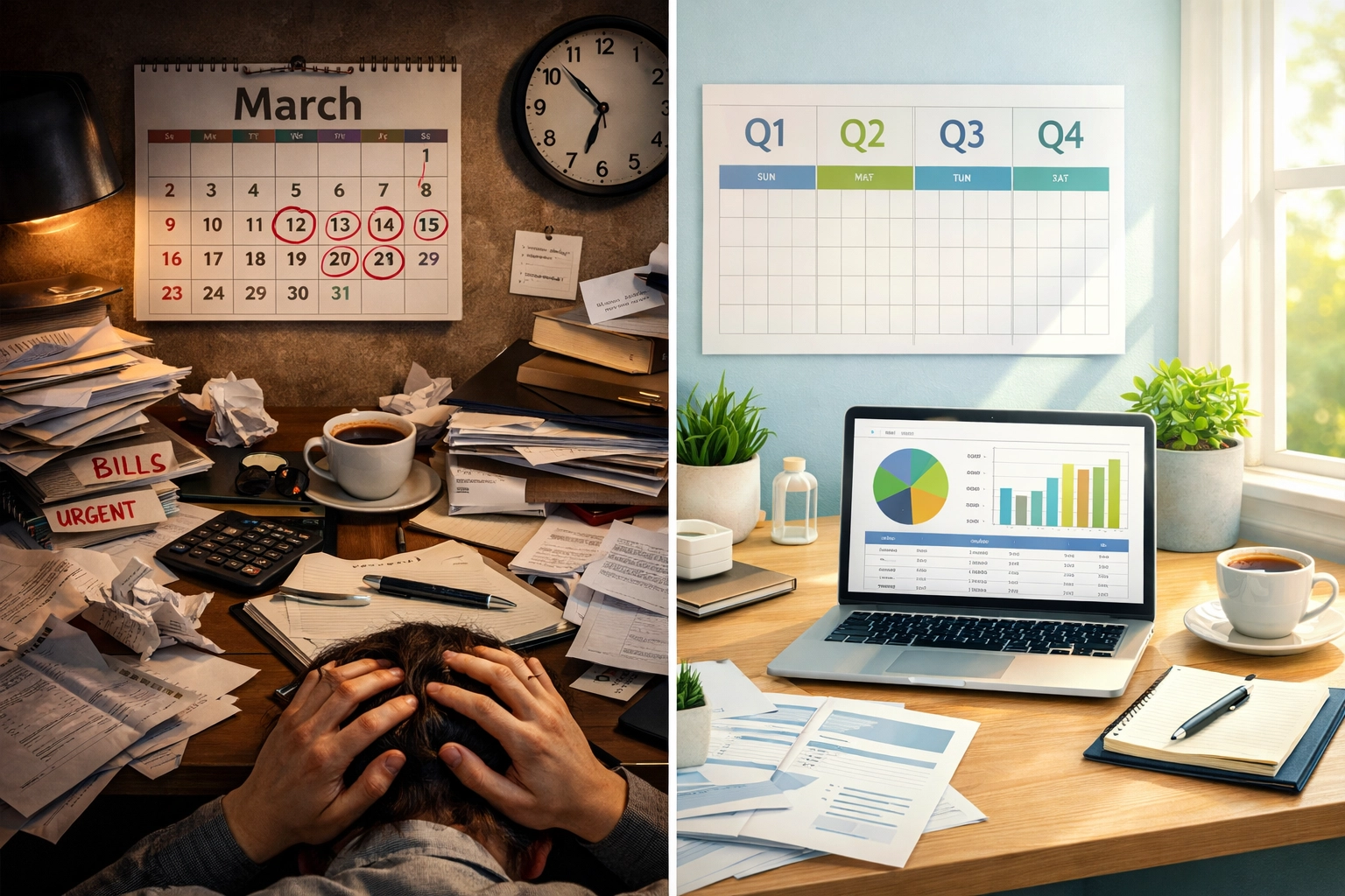 Comparison of stressful annual tax prep versus calm year-round financial strategy approach