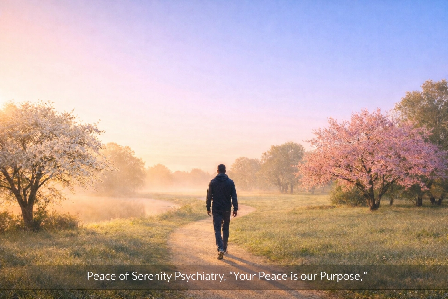 A person walking on a sunlit path at dawn representing the journey to reclaim peace and mental wellness.