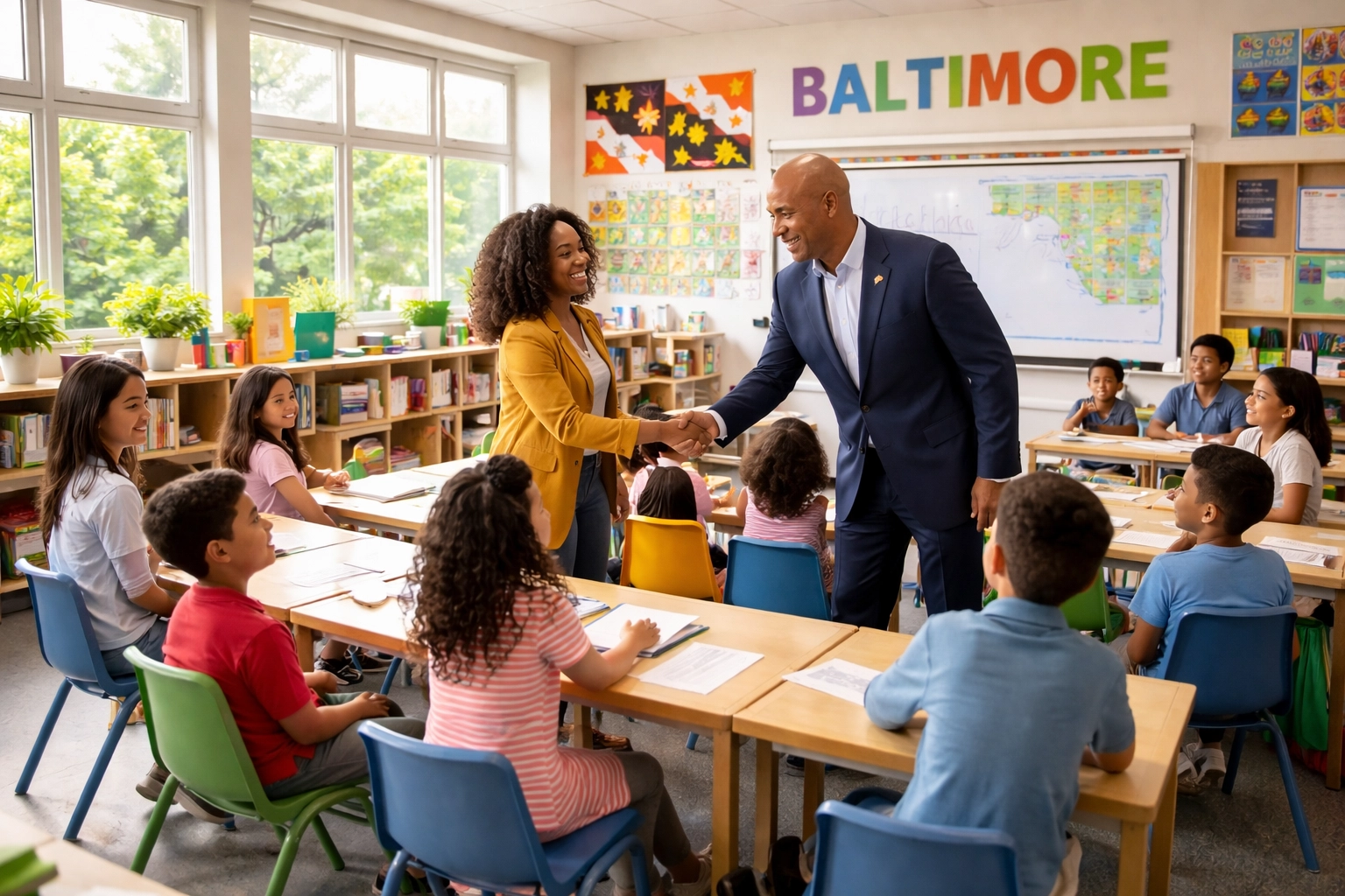Baltimore public school classroom with engaged students and teacher in a bright, modern learning environment.