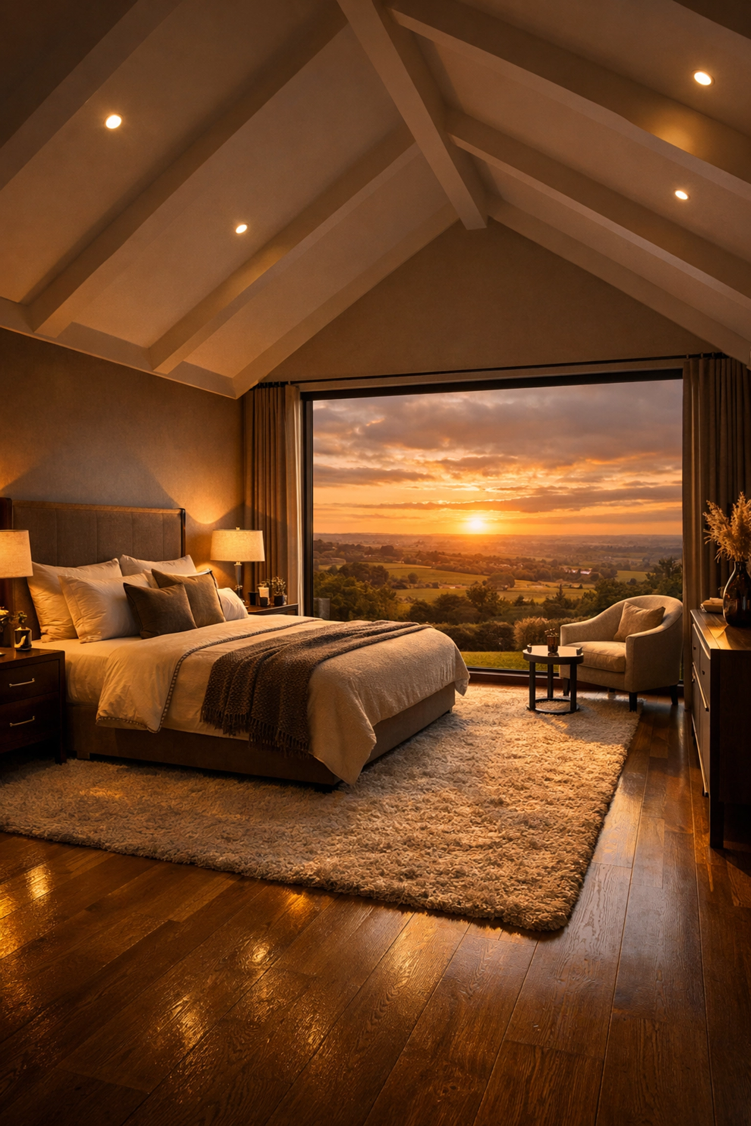 Luxury master suite with vaulted ceilings in a completed West Sussex bungalow second-floor addition.