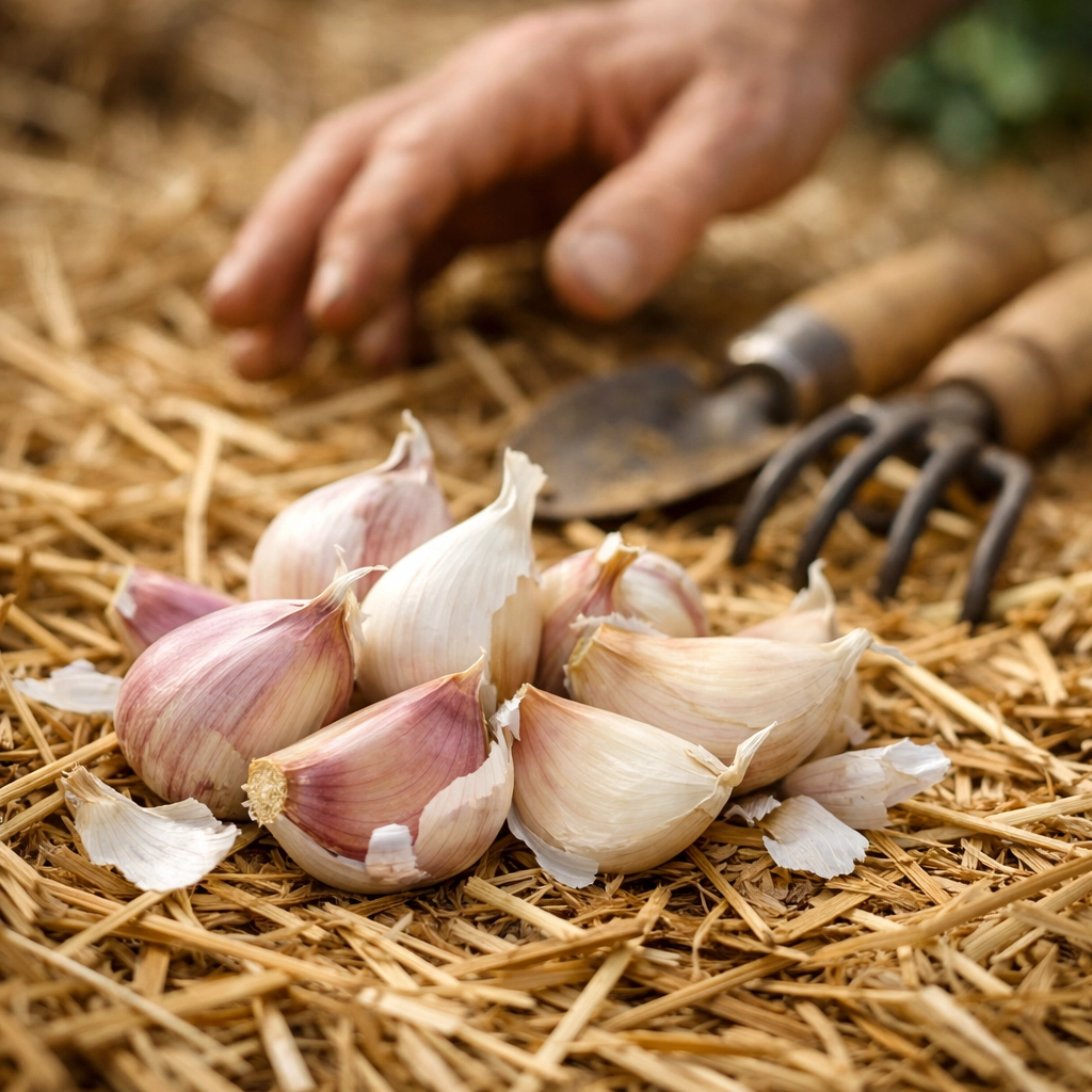 Fresh garlic cloves separated and ready for planting on straw mulch in garden