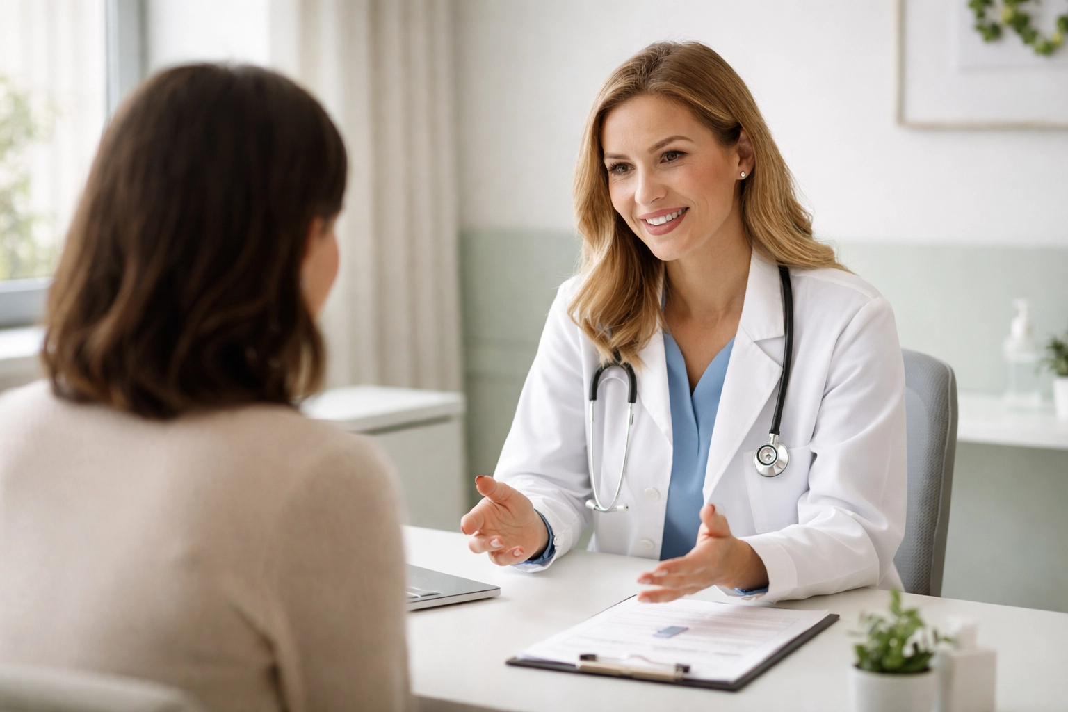 Doctor discussing anti-wrinkle injections consultation with a patient in a clean, modern Lancashire clinic setting
