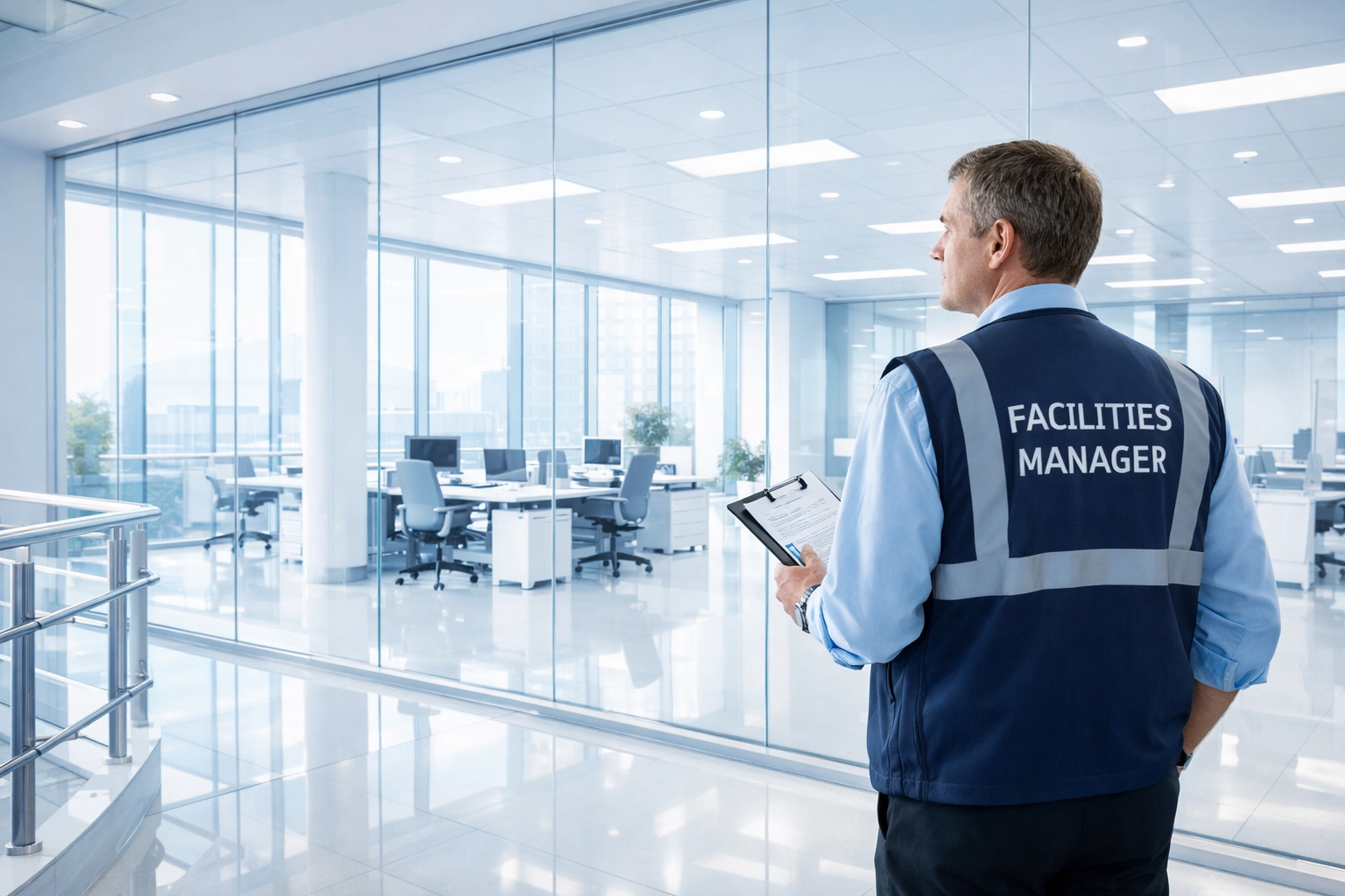 Professional facilities manager in a clean office hallway, reflecting high-quality commercial cleaning services.