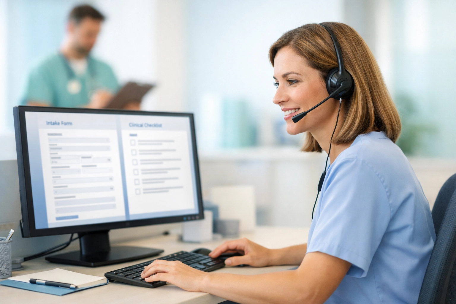 A professional admissions specialist wearing a headset in a clean call center, demonstrating clinical fluency.