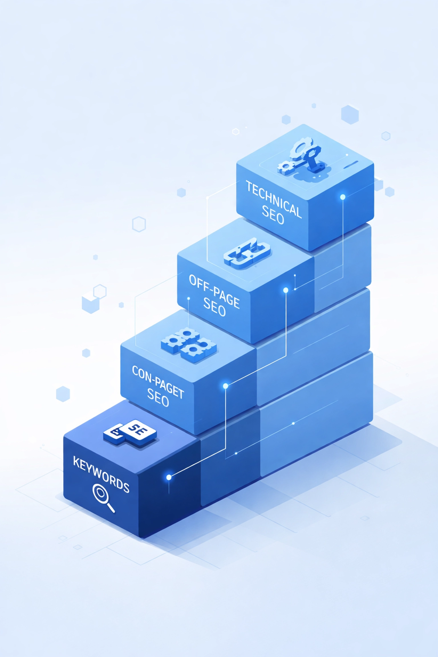 Illustration of five fundamental SEO pillars interconnected, representing the basics of search engine optimization