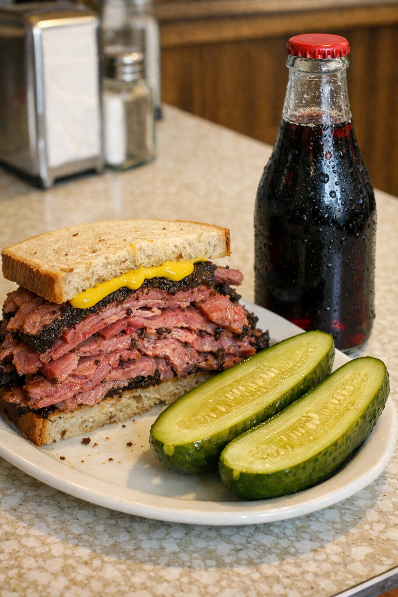 Classic Montreal smoked meat sandwich on rye with yellow mustard, a large pickle, and black cherry soda.