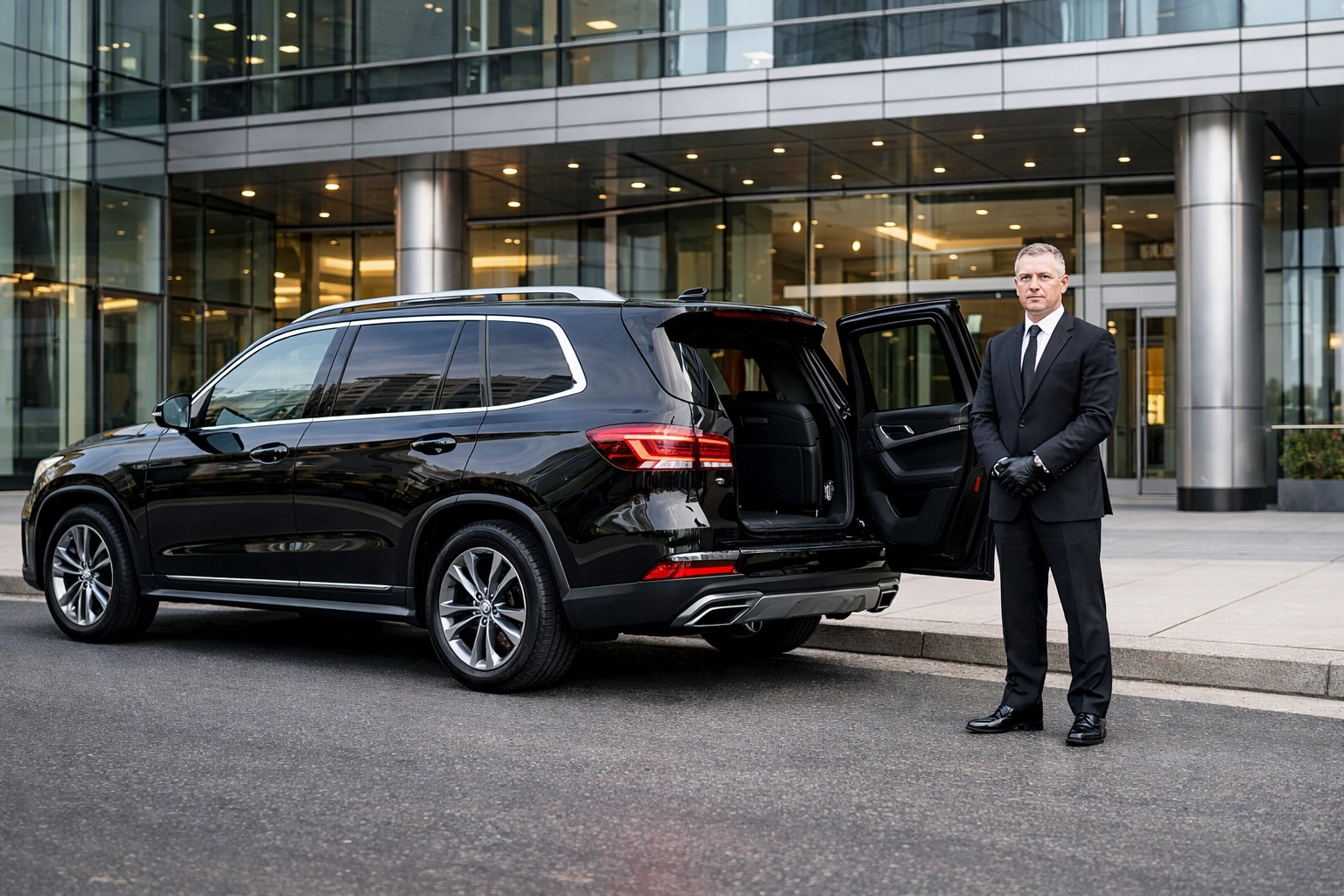 Professional chauffeur with luxury SUV providing secure corporate ground transportation for Super Bowl VIP guests.
